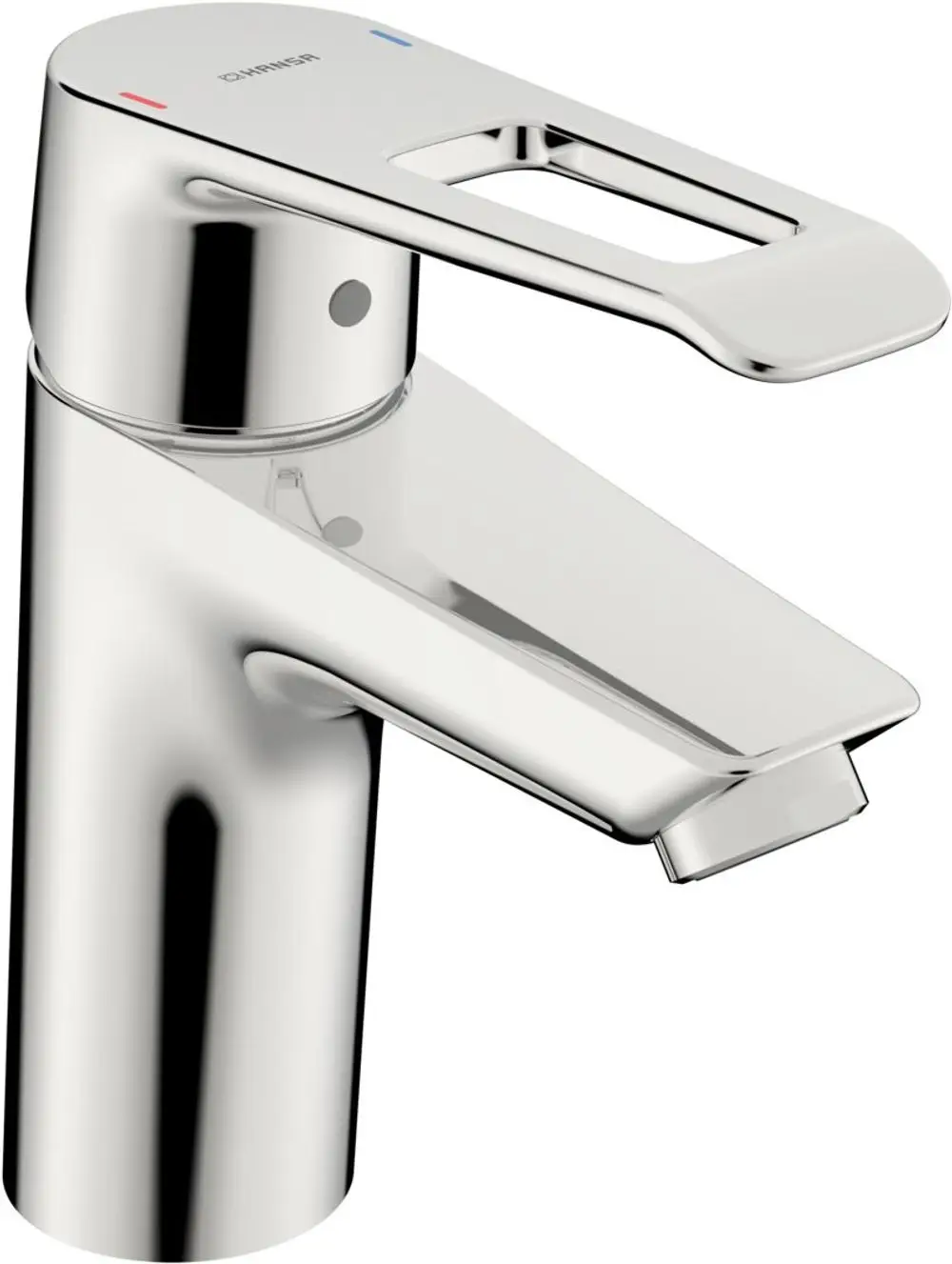Einhebelmischer mit Bügelhebel in glänzendem Chrom-Finish, hergestellt von HANSA, für die Montage an einem Waschbecken. Wassertropfenablauf sichtbar.
